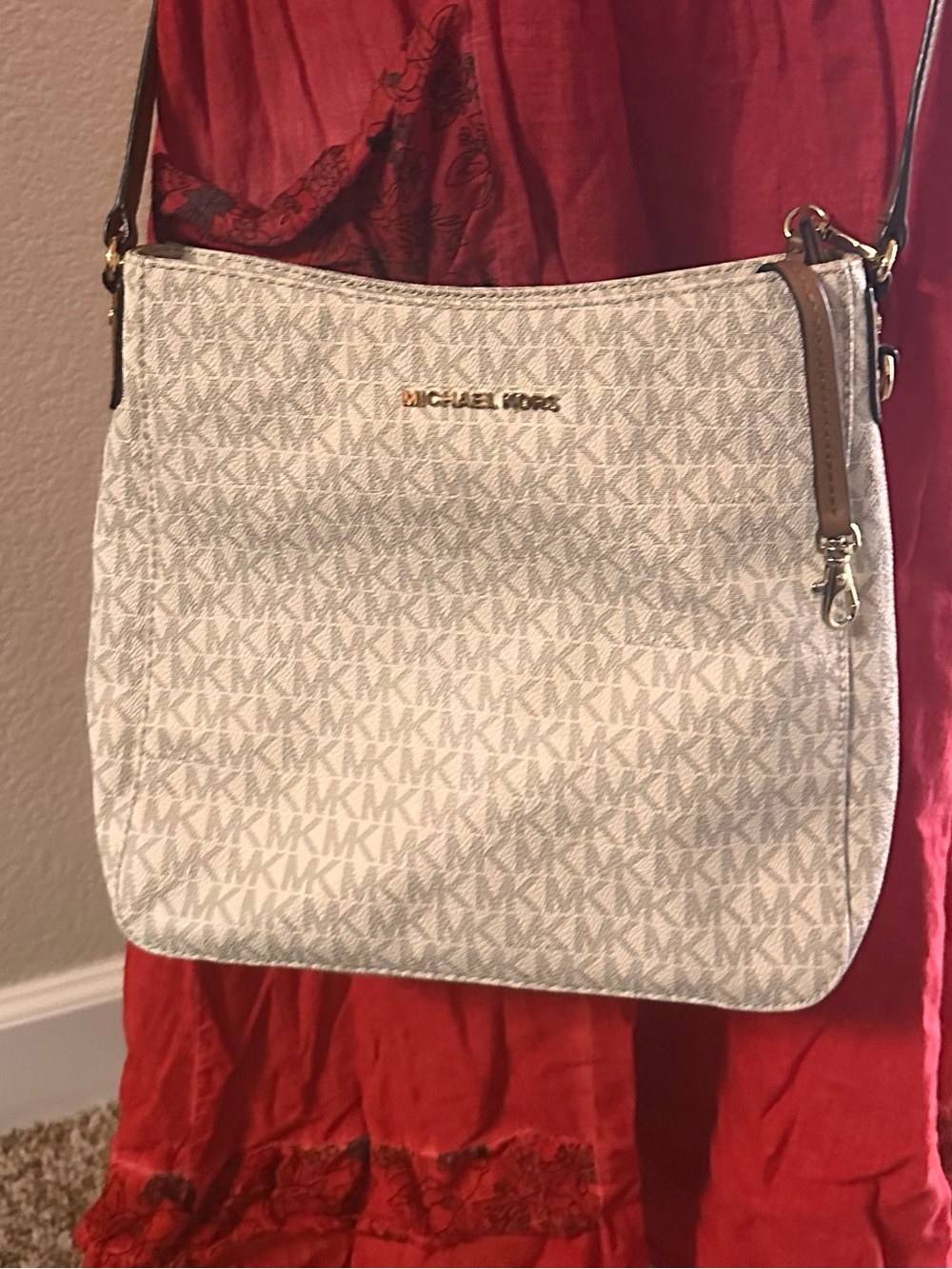 Michael Kors Beige Signature Monogram Crossbody with Brown Strap